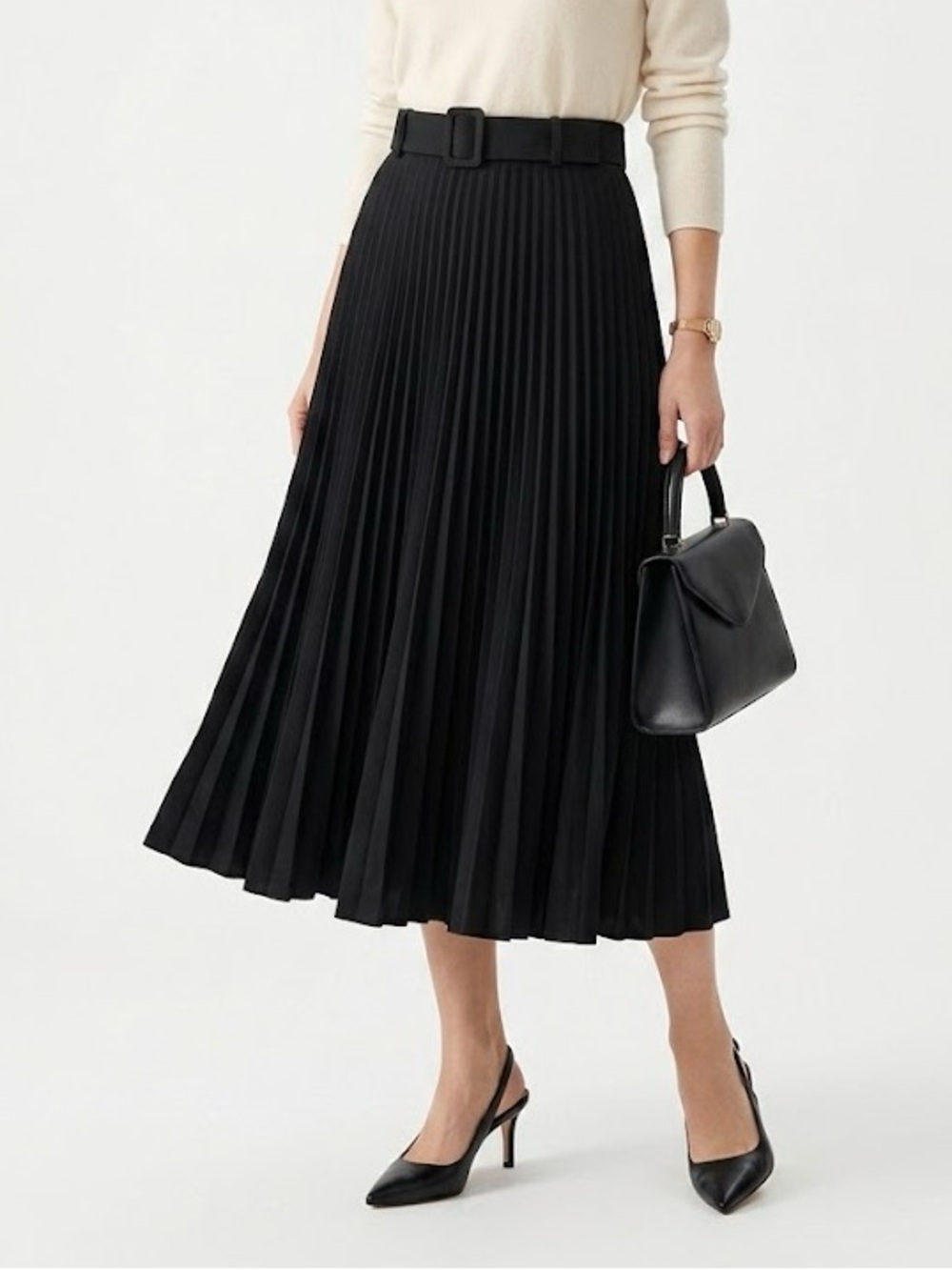 Zara Black Pleated Midi Skirt with Belt